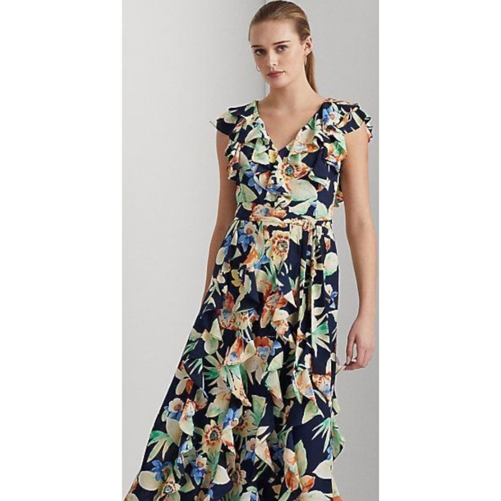 Lauren Ralph Lauren Floral Crinkle Georgette Gown Ruffled Maxi Dress Women's 14